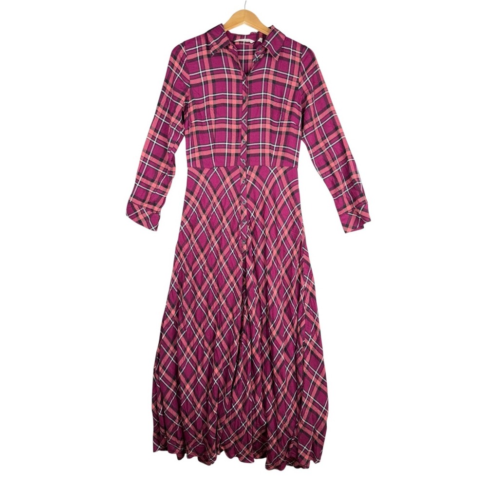 Soft Surroundings Tartan Plaid Long Sleeve Maxi Dress size XS Pink Magenta